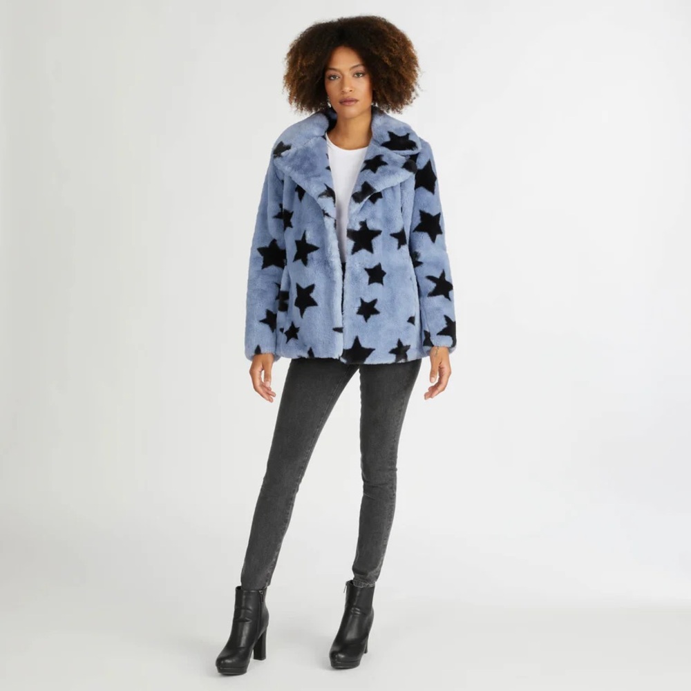 NVLT Star Print Faux Fur Jacket ✨ Blue Size Small - Picture 4 of 13